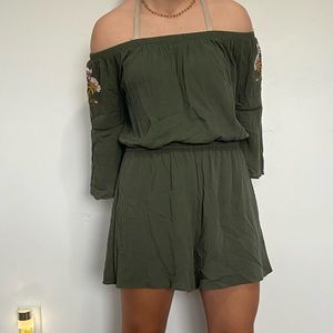 Green Romper Floral Embroidered Flowers - Large